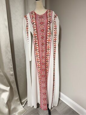 Palestinian thobe White Maxi Dress with Pink & Orange Embroidered Front Panel